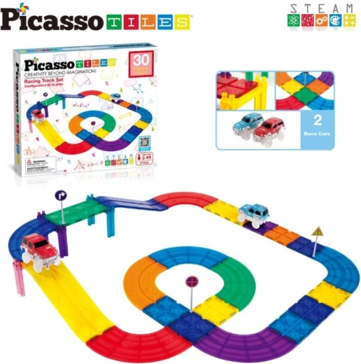 PicassoTiles magnetic race track building set with cars (30 pcs)
