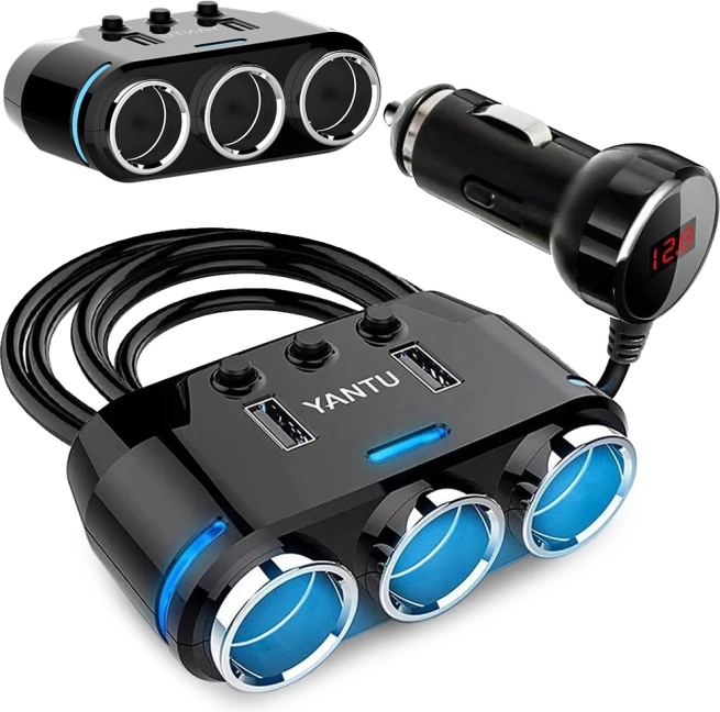 Auto-Verteiler mit 3 Zigarettenanzünderbuchsen und 2 USB, Voltmeter