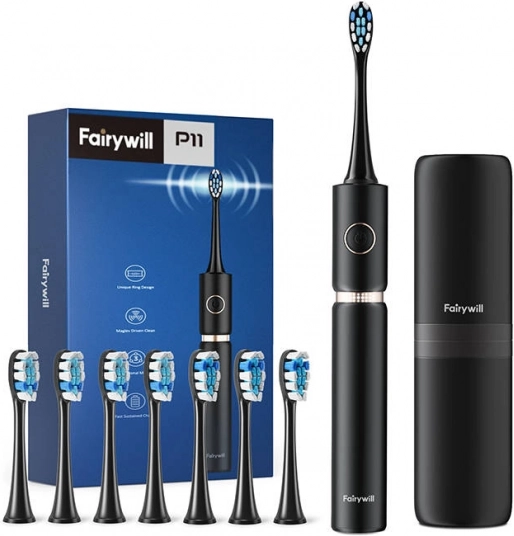 FAIRYWILL Sonic Toothbrush with 8 Brush Heads and Travel Case – Black