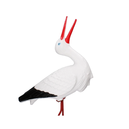 Plastic garden stork figurine on a metal stake
