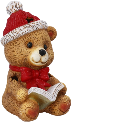 Kerstfiguur van een teddybeer met strik en LED-verlichting