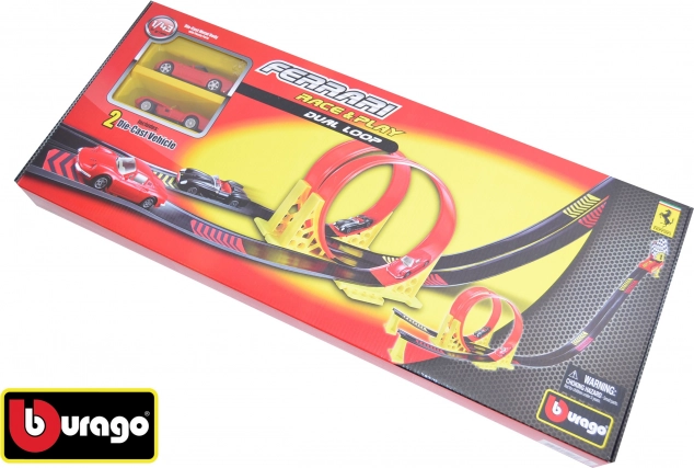 Bburago Ferrari Race & Play Doppel-Looping mit 2 Autos und tragbarer Box 1:43