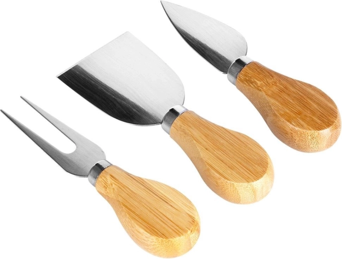 Three stainless-steel tools for different cheeses