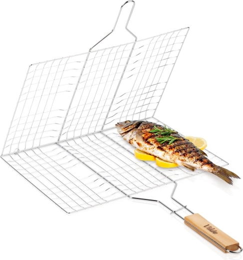Grille de barbecue réversible Vilde avec manche en bois 40 × 30 cm