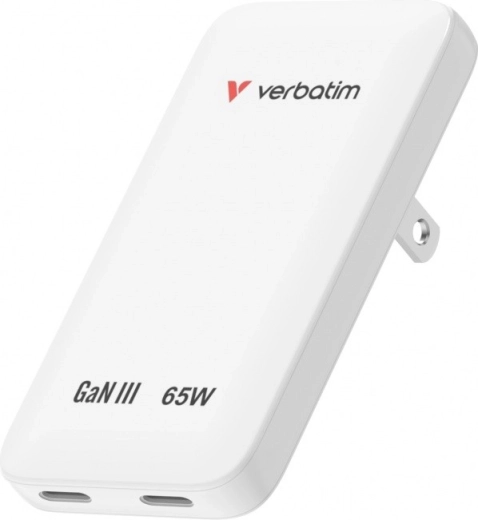 Verbatim Essentials slim GaN-oplader 65 W, 2× USB‑C, wit (US/UK/EU)