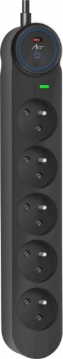 Art surge and overload protector with switch, 5 outlets, 1.5 m, black