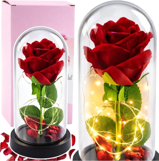 Ewige Kristallrose unter einer Glaskuppel mit LED-Beleuchtung – Rote Rose mit Blütenblättern