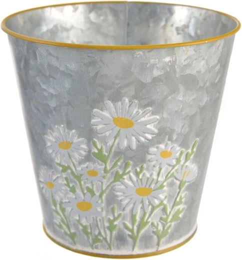 Cache-pot en métal gris avec motif marguerite