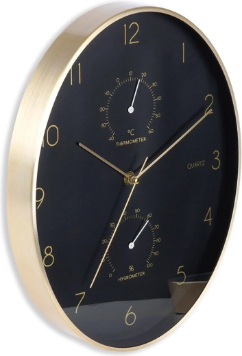 Horloge murale noire et dorée avec thermomètre et hygromètre 27 × 34,5 cm