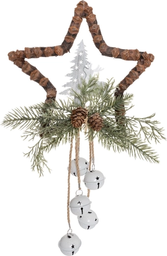 Décoration de Noël suspendue en étoile avec feuillage, pommes de pin et grelots