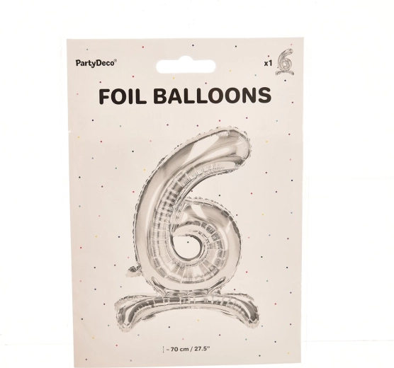 Staande folieballon cijfer 6 zilver 70 cm