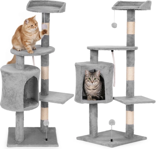Arbre à chat avec maisonnette et couchage 110 cm, gris PETSI
