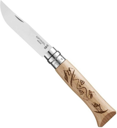 Opinel N°8 zakmes met gravure Ski, beukenhout, 8,5 cm