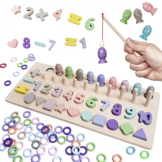 Houten educatief 2-in-1 spel: vormensorteerder, telraam en magnetische visjes