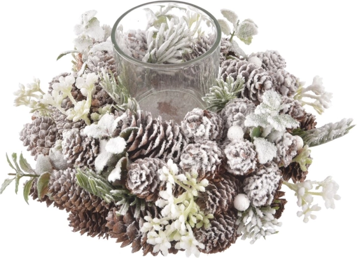Bougeoir en forme de pomme de pin avec effet neige, 24 cm