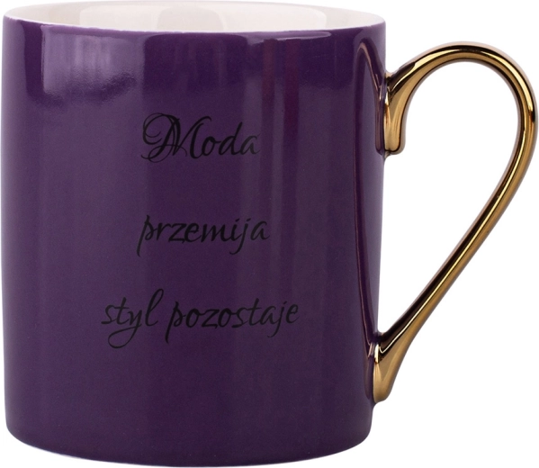 Purple mug with a quote and a gold-colored handle, 300 ml