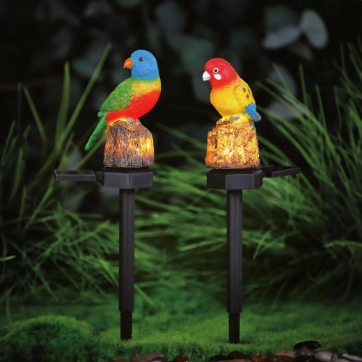 Zonnesteker voor in de tuin met papegaai en warmwit ledlicht