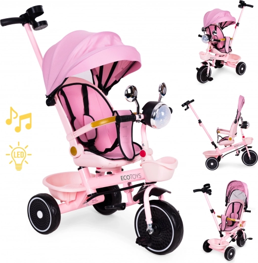 Rosa Kinder-Dreiradkinderwagen mit drehbarem Sitz und Schiebestange ECOTOYS