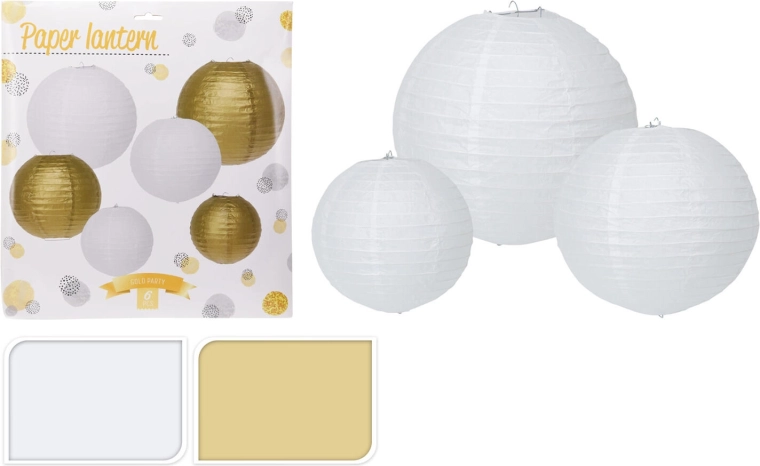 Lampions de fête en papier blancs et dorés, lot de 6 pcs (30/25/20 cm)