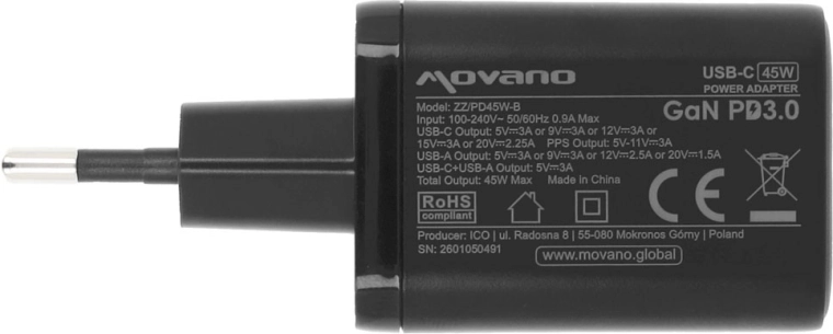 Charge rapide jusqu’à 45 W (USB-C PD 3.0 + PPS)