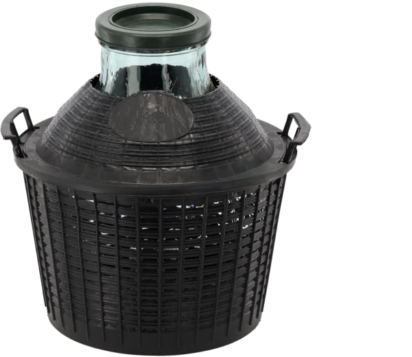 Glass demijohn in plastic basket 15 l with wide neck