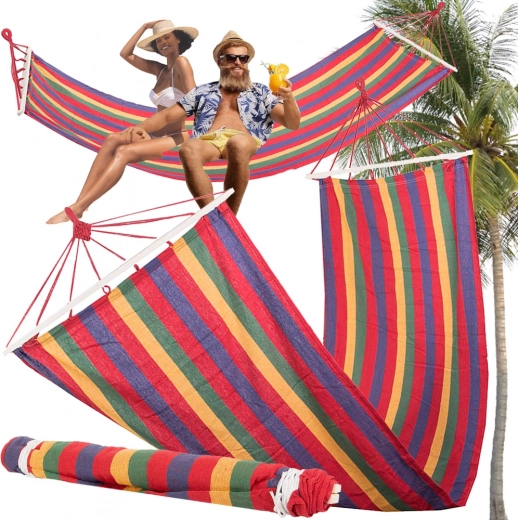 Garden hammock with wooden spreader bars 200 × 80 cm, striped