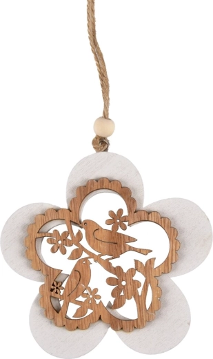 Petite fleur en bois à suspendre avec oiseau beige-blanc 10 cm