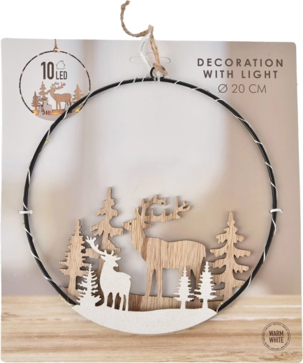 Cercle décoratif suspendu en bois et métal avec éclairage LED