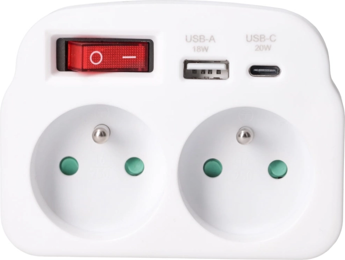 Solight stopcontactverdeler met 2 stopcontacten, USB-A- en USB-C-snelladen van 20 W PD, wit