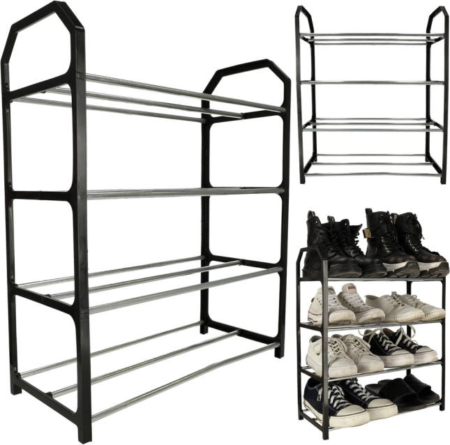 Meuble à chaussures en métal avec 4 étagères, noir