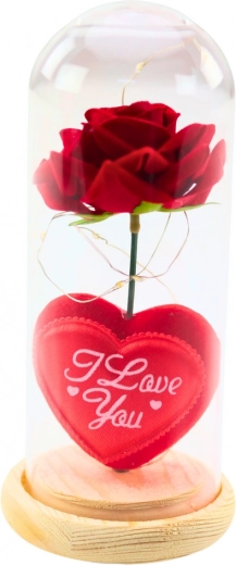 Rose éternelle sous cloche en verre avec éclairage LED, rouge, avec petit cœur