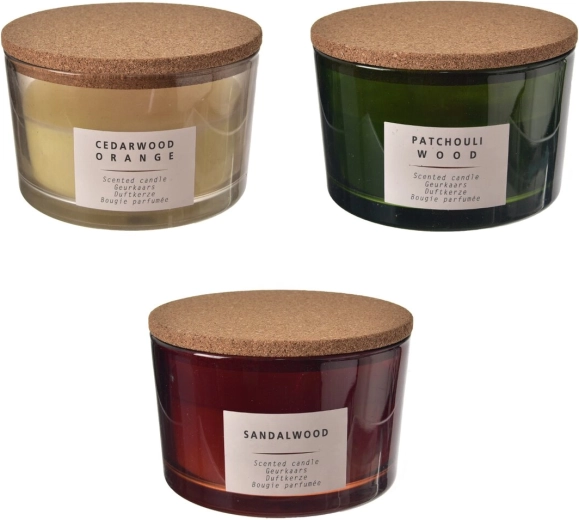Bougie parfumée en verre avec couvercle en liège 400 g (3 variantes)