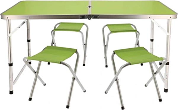 Folding camping table with 4 stools, green