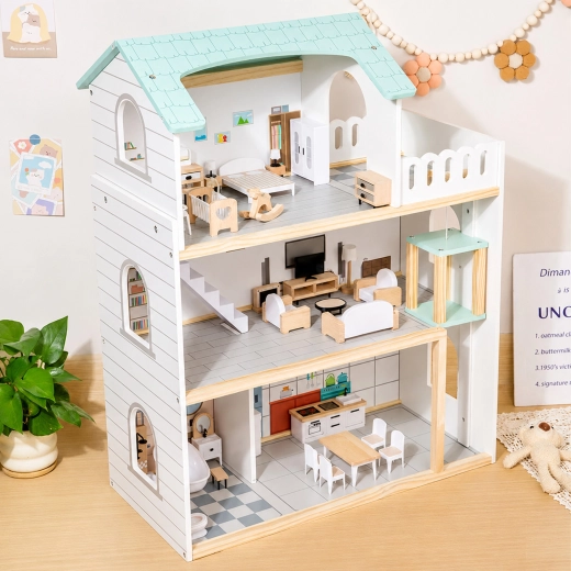 Houten poppenhuis met drie verdiepingen, meubels, terras en lift