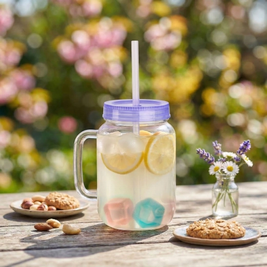 Lila Becher mit Strohhalm und Kühlwürfeln, 550 ml