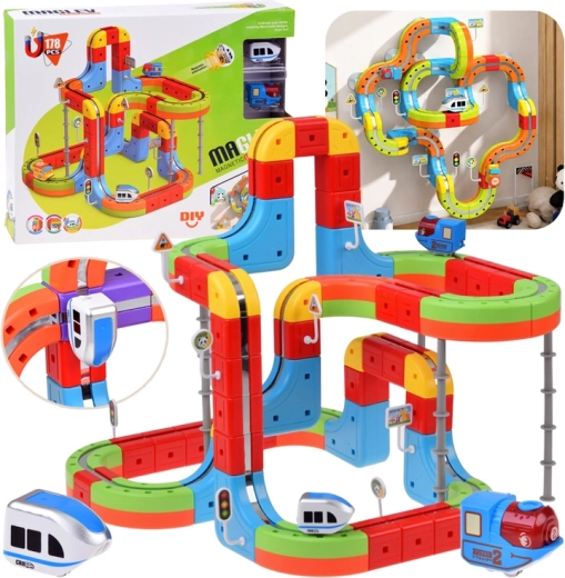 Magnetische blokken met magnetische spoorbaan en 2 treintjes, 178 onderdelen