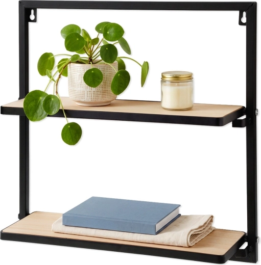 Black metal wall shelf with 2 tiers 40 × 12 × 40 cm