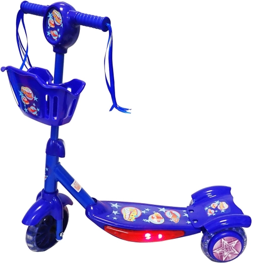 KUBIsport Kinder-Dreiradroller mit Körbchen und leuchtendem Trittbrett – blau
