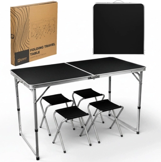 Klappbarer Campingtisch Camp 120 Set Schwarz (Tisch + 4 Stühle)