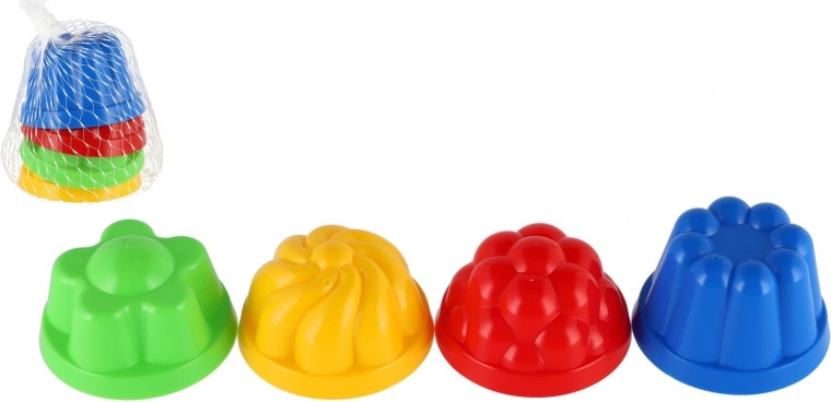 Moules en plastique pour le sable – petits moules ronds 8 cm, lot de 4 pièces dans un filet