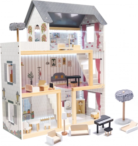 Maison de poupées en MDF, noire, 78 cm avec éclairage LED