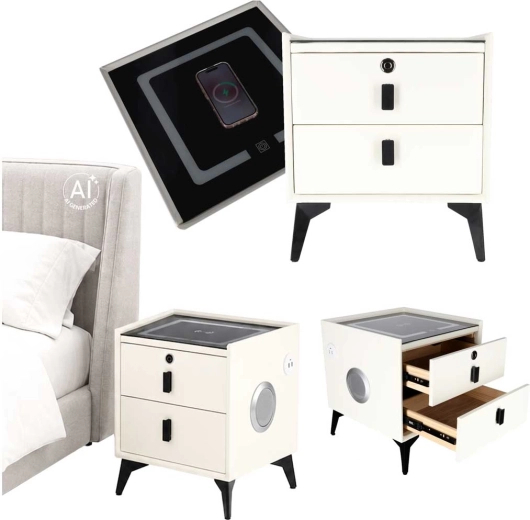 Smart bedside table in ecru with wireless charging and a fingerprint lock