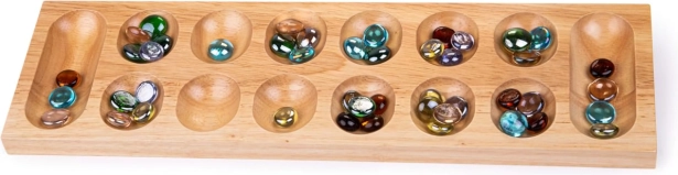 Wooden Mancala Game with Colorful Glass Stones Bigjigs Toys