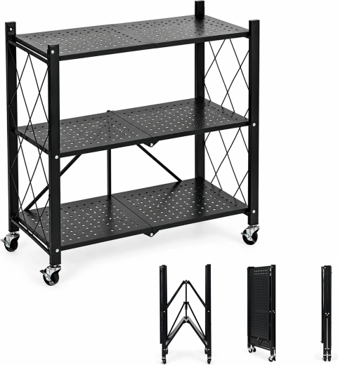 Zusammenklappbares Metallregal auf Rollen mit 3 Ablagen ModernHome