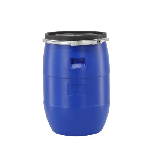 Plastic drum 60 l with metal clamp, blue