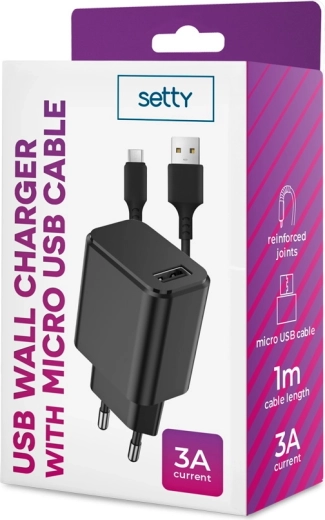 SETTY Wall Charger 1x USB 3A Black + microUSB Cable 1 m