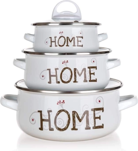 Set geëmailleerde pannen BANQUET Home, 6 stuks, wit met glazen deksels