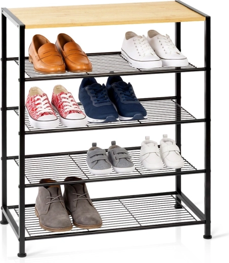 Étagère à chaussures en métal Vilde noire avec 5 niveaux et plateau en bambou 60 × 30 × 74 cm