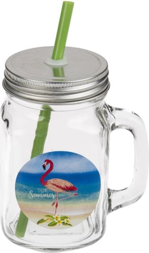 Mason-glas met deksel en rietje 450 ml Flamingo
