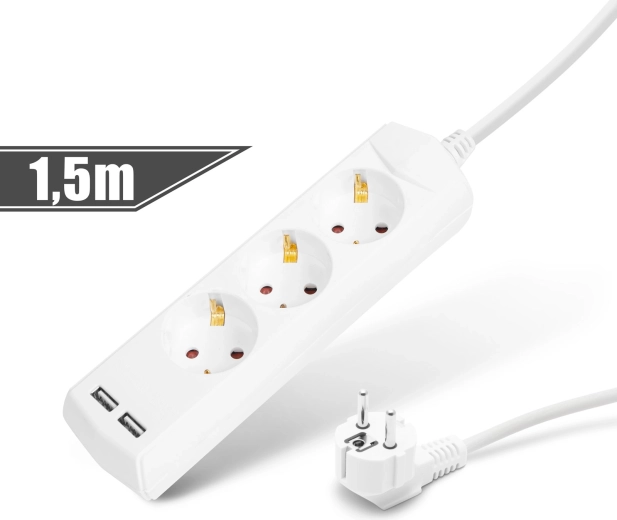 Extension Cable with 3 Sockets and 2 USB Ports, 1.5 m